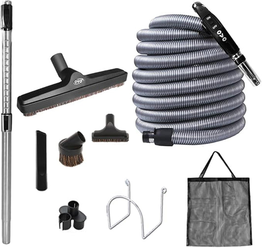 OVO Central Vacuum Deluxe, 35ft ON/OFF Low-voltage Hose, 12’’ premium floor brush, cleaning tools and easy storage accessories, For hard surfaces