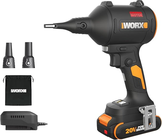WORX Cordless Blower/Inflator, 20V 39 CFM 470 MPH Brushless High Speed Portable Dust Cleaner for Workshop, Lawn, Yard, Home, Lightweight Handheld Blower, Battery and Charger Included, PowerShare