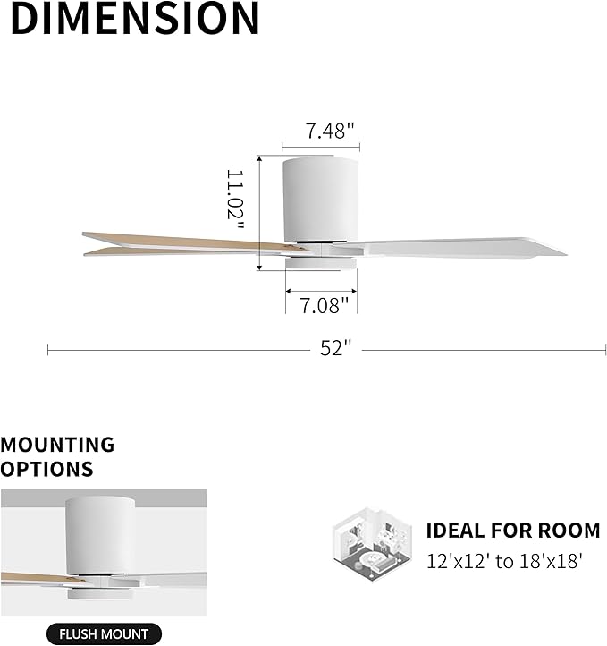 WINGBO 52" DC Flush Mount Ceiling Fan with Lights, 6-Speed Reversible DC Motor, 3CCT, Low Profile Hugger Ceiling Fan for Living Room Bedroom Kitchen, White Finish and White/Oak Blades