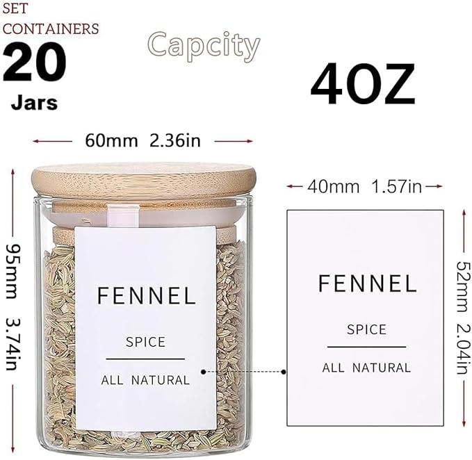 Glass Spice Jars with Bamboo Lids - 20 Pcs Thicken(2.4mm) 4oz Airtight Seasoning Containers with 131 Waterproof Minimalist Spice labels Preprinted - Small herb Jars for Pantry Organization and Storage