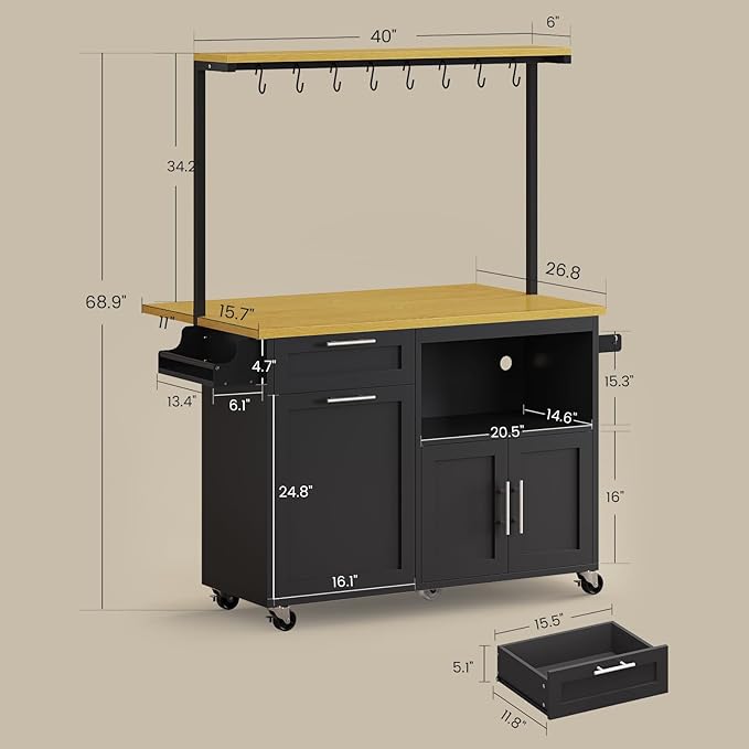 Itaar Rolling Kitchen Island Table on Wheels with Drop Leaf, 40" Mobile Kitchen Carts with Trash can Storage, Storage Cabinet, Drawer, Spice/Towel Rack, Black