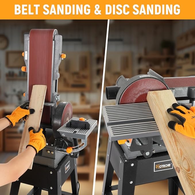 Hoteche 7.9-Amp 6-Inch x 48-Inch Belt and 9-Inch Disc Sander, 1-HP Power Combination Sander with Open Stand, Heavy-Duty Benchtop Sander for Woodworking and Metal, Dust Collection System
