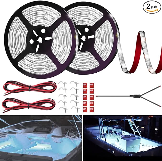 LED Boat Strip Lights, 32.8FT Marine Pontoon Led Lights, Waterproof Boats Interior Light, Under Gunnel Light, Boats Deck Lighting, Night Fishing Lighting for Pontoon Bass Fishing Yacht Kayak (White)
