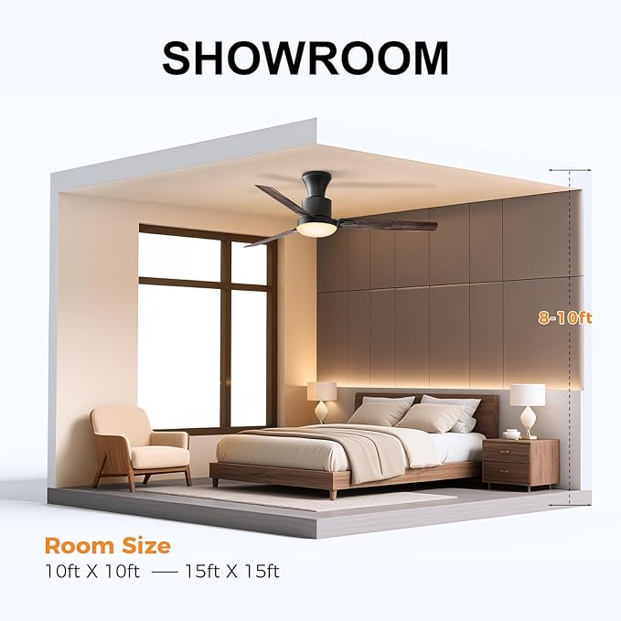 Obabala Ceiling Fans with Lights, 42 inch Flush Mount Ceiling Fan with Light and Remote Control & APP Reversible Dimmable Noiseless Ceiling Fan for Bedroom Indoor/Outdoor