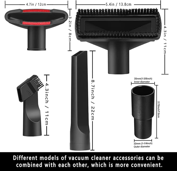 Universal Vacuum Attachment Kit Wet Dry Plastic Vacuum Hose Adapter 1-1/4" Vacuum Cleaners Accessories with Horse Hair Brush Extension Wand Flexible Crevice Tool Adapter for Shop Vac (7PCS)