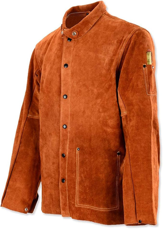 QeeLink Leather Welding Jacket - Flame-Resistant Heavy Duty Work Welder Jackets - Split Cowhide Welding Coat for Men Women
