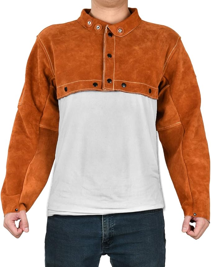 LeaSeek Leather Welding Jacket - Heavy Duty Welding Apron with Sleeve,Heat Flame Resistant Cowhide Weld Coat for Men Women.