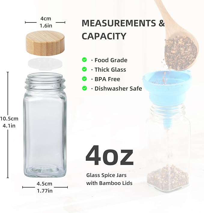 4 oz Glass Spice Jars with Bamboo Lids, Clear Empty Jars with Labels Stickers, Collapsible Funnel, Seasoning Storage Bottles for Spice Racks (24 Pack)