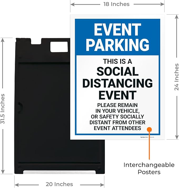 Event Parking Social Distancing Event Please Remain in Vehicle Sidewalk Sign Kit, 18x24 Inches, with A Frame Stand, Made in USA