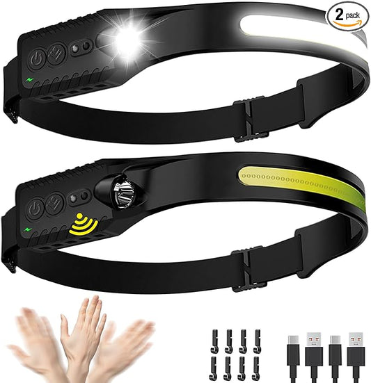 Headlamp Rechargeable (2-Pack), LED Head Lamp Flashlight, 230° Wide Beam Headband Light, 400 Lumen Super Bright, Waterproof Headlight, 5 Modes for Running, Fishing, Hiking, Camping