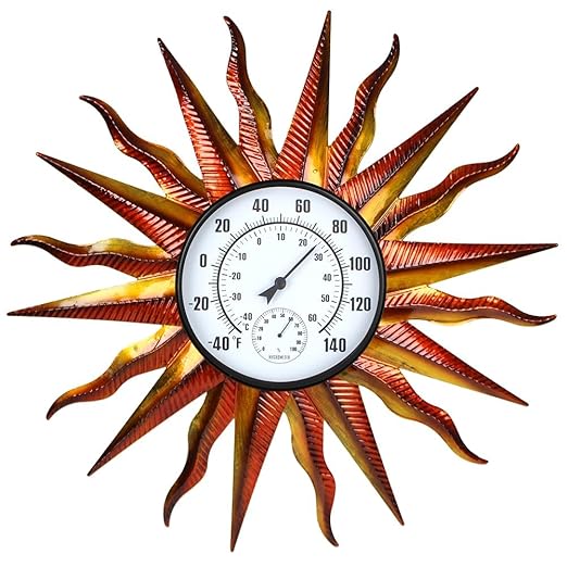 Large Outdoor Thermometer, Metal Wall Thermometer Hygrometer No Need Battery, Retro Sun Outside Thermometer Decoratibve for Backyard, Garden, Living Room