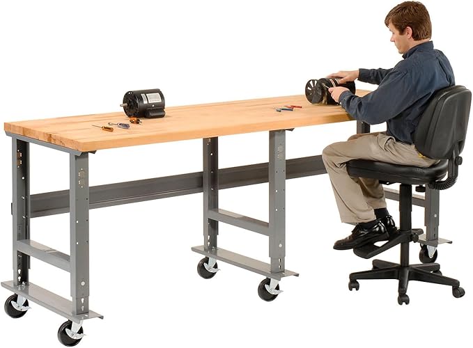Global Industrial Mobile Adjustable Height Workbench, Maple Butcher Block Square Edge, 96" W x 36" D, Gray