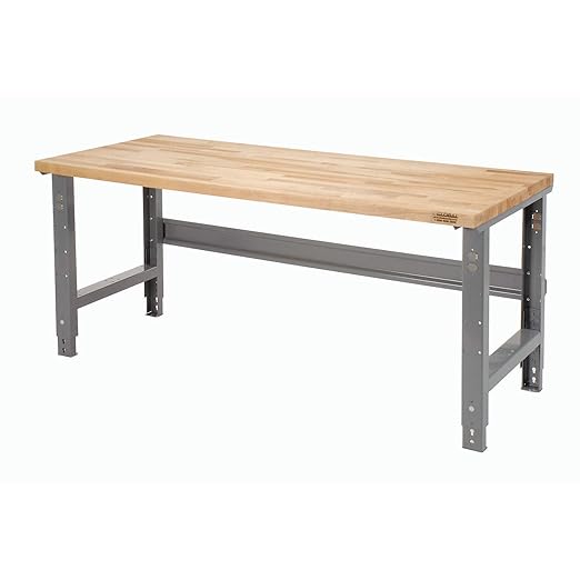 Global Industrial Adjustable Height Workbench, Maple Butcher Block Square Edge, 72"W x 30"D x 29-5/8 to 37-1/4"H, Gray