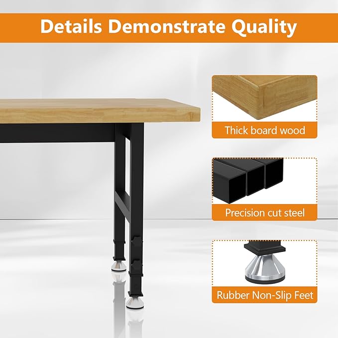 60" Work Bench, Adjustable Height Workbench, Heavy-Duty Thicker Work Table, 2000 LBS Load Capacity Workstation for Garage, Workshop, Office, Home