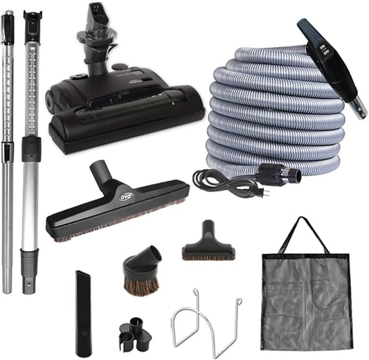 OVO Central Vacuum Carpet Deluxe Accessory Kit, 50ft Dual Voltage Hose with Pigtail, On-Off Switch at The Handle, 6 Adjustable Heights Electric Carpet Beater, 12’’ Floor Brush and Accessories, Black