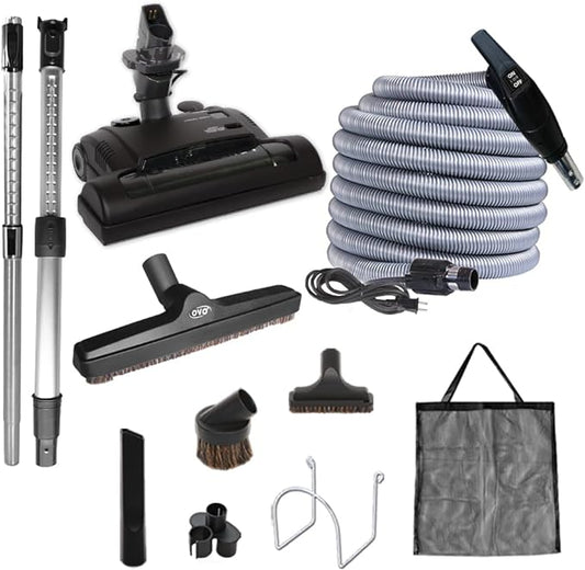 OVO Central Vacuum Carpet Deluxe Accessory Kit, 30ft Dual Voltage Hose with Pigtail, On-Off Switch at The Handle, 6 Adjustable Heights Electric Carpet Beater, 12’’ Floor Brush and Accessories, Black