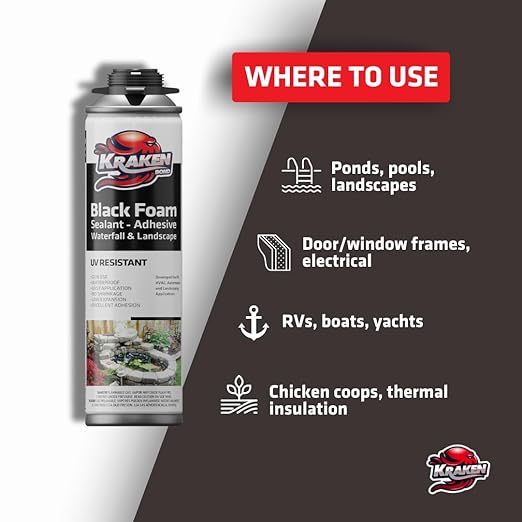 Kraken Bond Black Spray Waterfall Foam Sealant - (12x24oz) Expanding Polyurethane Pond Foam Sealer Black, UV Resistant Insulating Spray for Landscape & Exterior, Gun Use, Gun Included, 12 Pack