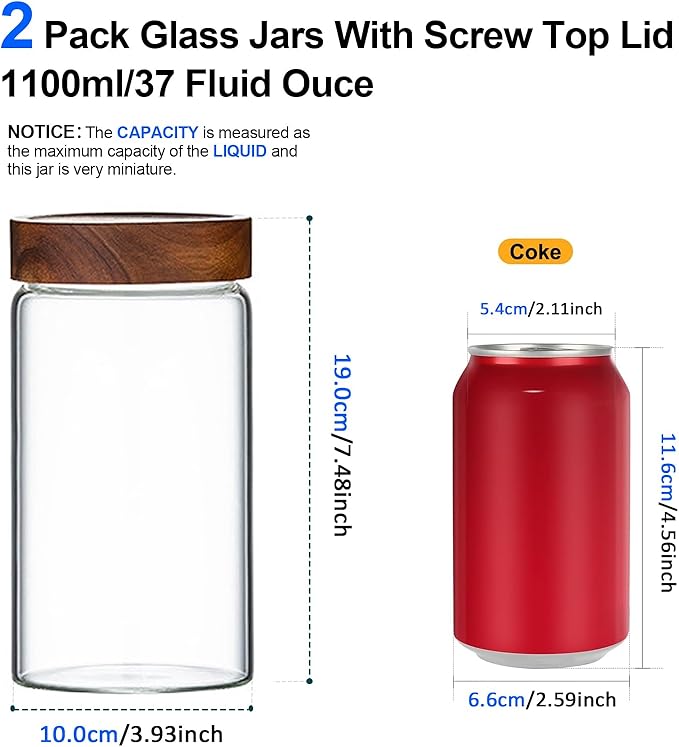 Glass Jar with Screw Top Lid 37oz Borosilicate Glass Spice Jars Seasoning Containers Kitchen Glass Food Storage Canisters for Pantry Liquid Tea Bath Salts Fermenting