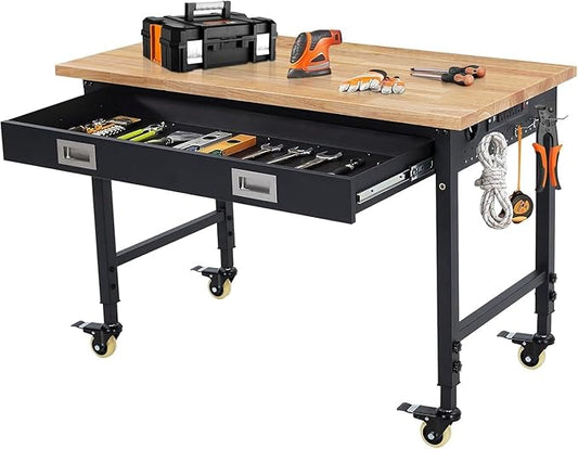 Work Bench 48" Adjustable Height, Heavy-Duty Portable Workbench with Power Outlets and Drawer for Garage & Workshop, 2000 LBS Load Capacity, Work Table for Office, Home, Easy Assembly