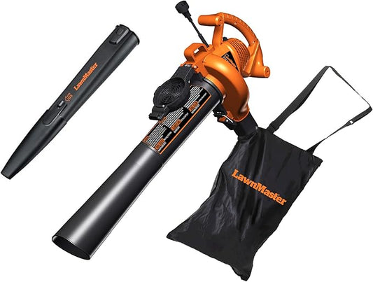 LawnMaster BV1210 Electric Blower Vacuum Mulcher 12 Amp 2-Speed Adjustment with Metal Impeller 240 MPH 380 CFM 16:1 Mulch Ratio with Collection Bag