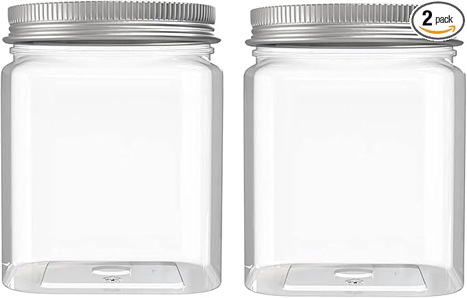MANSHU 2 Pack 24 Oz Clear plastic jar, Refillable Kitchen Storage Containers, For Kitchen & Household, Aluminum cap.