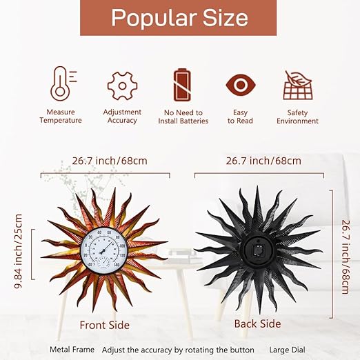 Large Outdoor Thermometer, Metal Wall Thermometer Hygrometer No Need Battery, Retro Sun Outside Thermometer Decoratibve for Backyard, Garden, Living Room