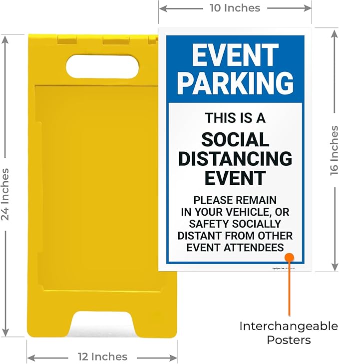 Event Parking Social Distancing Event Please Remain in Vehicle Sidewalk Sign Kit, 10x16 Inches, with A Frame Stand, Made in USA