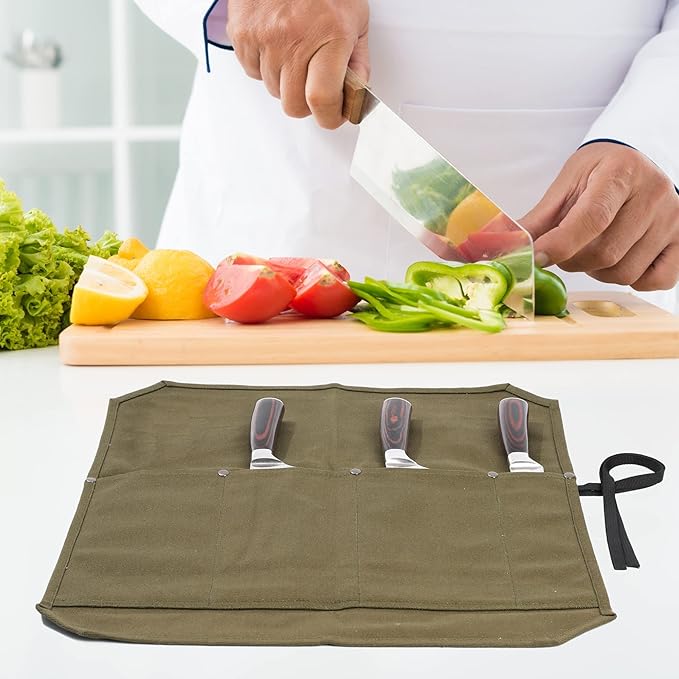 Kaaltisy Knife Roll Bag, 16oz Waxed Canvas Chefs Knife Bag with 4 Slots, Specialized Anti Cutting Fabric Knife Holder with Tie Rope | Army Green