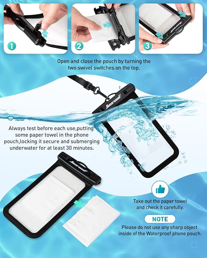Hiearcool Waterproof Phone Pouch, Universal Case Compatible for iPhone 16 15 14 13 Pro Max Plus Up to 8.3", IPX8 Beach Travel Essentials-Black-2 Pack