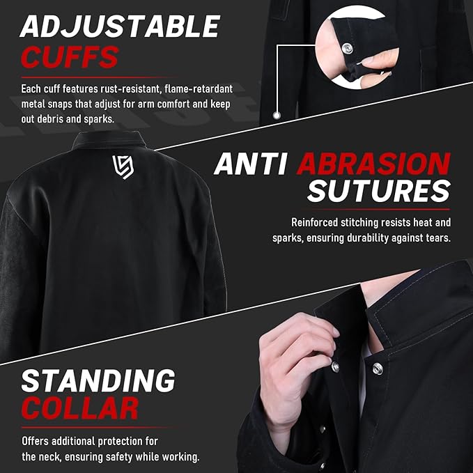 LeaSeek Welding Jacket Leather Sleeves | Flame Resistant (FR) Cotton Weld Coat | Welder Jacket for Men Women | Black, S-4XL