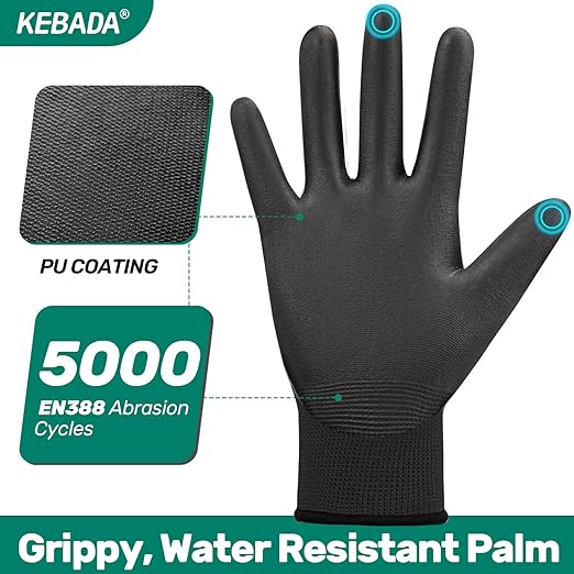 Kebada W1 Work Gloves for Men and Women, PU Coated Safety Gloves with Grip, Touchscreen, Ideal for Warehouse Package Handling, Construction, Gardening, Black X-Small