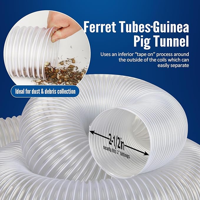 Heavy PVC Dust Collection Hose - 2 1/2" x 20' with Stainless Steel Clamps for Dust Collectors and Shop Vacuums