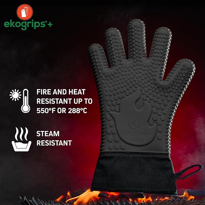 Ekogrips+ Premium Silicone Oven Mitts - Comfy, Waterproof, Heat Resistant BBQ Gloves for Grilling, Long Cuff for Added Protection, 5 Finger Dexterity, 3 Sizes, 4 Colors, L/XL, Black