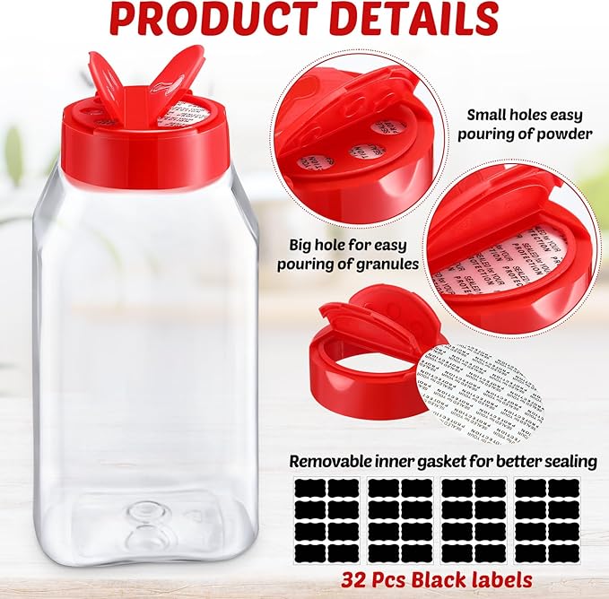 Mifoci 28 Pack 16 oz Plastic Spice Jars with Cap Square Plastic Bottle Containers with Shaker Lids and Stickers Large Seasoning Shaker Empty Powder Storage Container for Storing Salt Herbs (Red)
