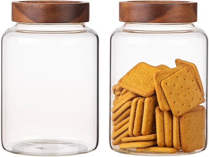 Large Glass Coffee Jars 60 oz /1800ml, Round Storage Canister with Wooden Lid Clear Glass Food Jar for Pantry Sugar Tea Coffee Bean Spice Nuts Cookies Bath Salts (1800ml/60oz-2PACK)