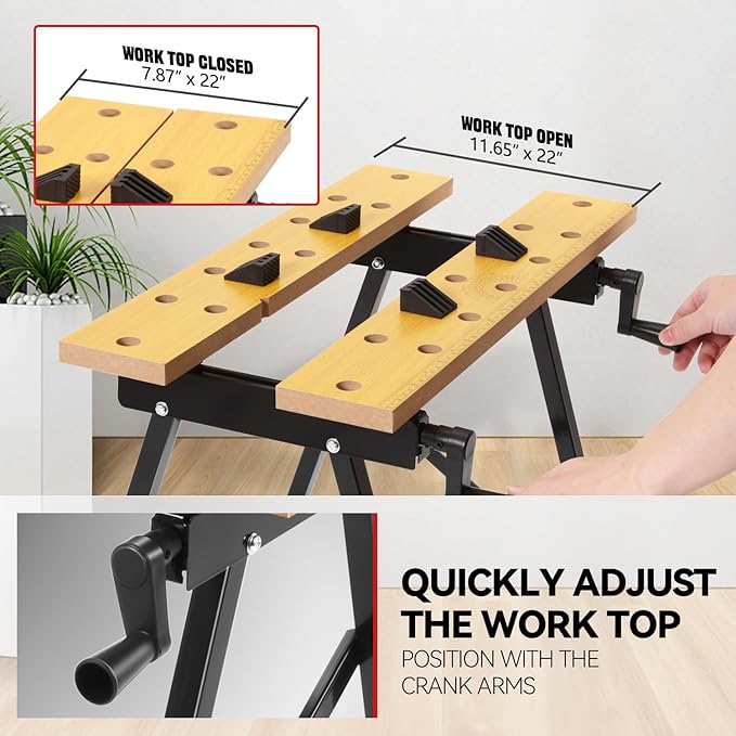 Auto Dynasty Adjustable Folding Workbench with Built-in Ruler & Protractor, Portable Work Table (8"-12"), 220lbs Load Capacity, Multipurpose Vise Workbench for Woodworking, Garage, and DIY