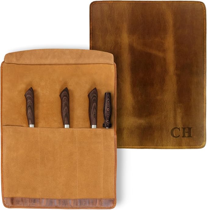 ELIZO Personalized Premium Full Grain Leather Chef Knife Roll, 17L x 14W inches Knife Storage Travel Case, Professional Customizable Chef Knife Case - Holds 4 Chef Knives