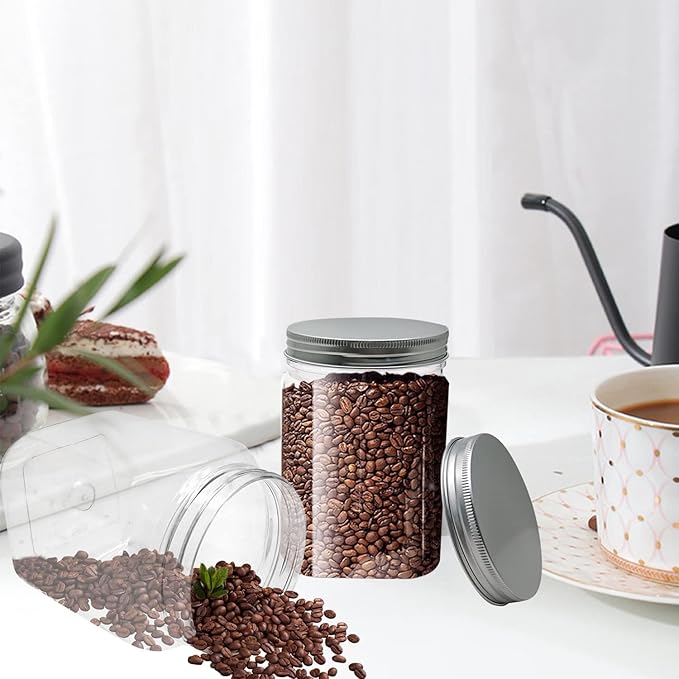 MANSHU 2 Pack 24 Oz Clear plastic jar, Refillable Kitchen Storage Containers, For Kitchen & Household, Aluminum cap.