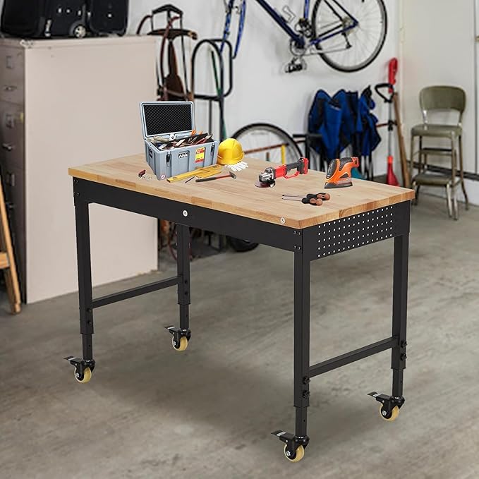 Work Bench 48" Adjustable Height, Heavy-Duty Portable Workbench with Power Outlets and Drawer for Garage & Workshop, 2000 LBS Load Capacity, Work Table for Office, Home, Easy Assembly