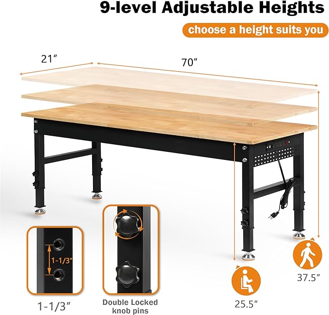 70" Adjustable Height Workbench, 2000 LBS Heavy Duty Work Table with Power Outlets & Pegboard, Rubber Wood Workstation for Garage, Workshop, Office, Home, Commercial