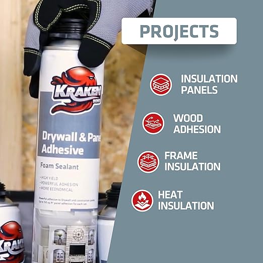 KRAKEN BOND Drywall & Panel Adhesive Foam - (2x24oz) Heavy-Duty, Fast-Curing Construction Adhesive for Concrete, Wood, and Heat Insulation Applications - Gun&Gun Cleaner Set
