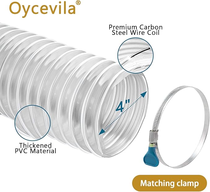 4" x 10' Dust Collection Hose, Puncture-Resistant, Flexible Clear PVC Collection Hose with Carbon Steel Wire Coil for Dust Collectors