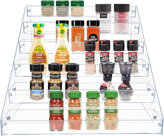 PMMASTO Tiered Spice Rack, Seasoning Organizer, Clear Acrylic Vertical Shelves Can Organizer for Countertop, Cabinet, Pantry, Kitchen Organization and Storage - 6 Tier