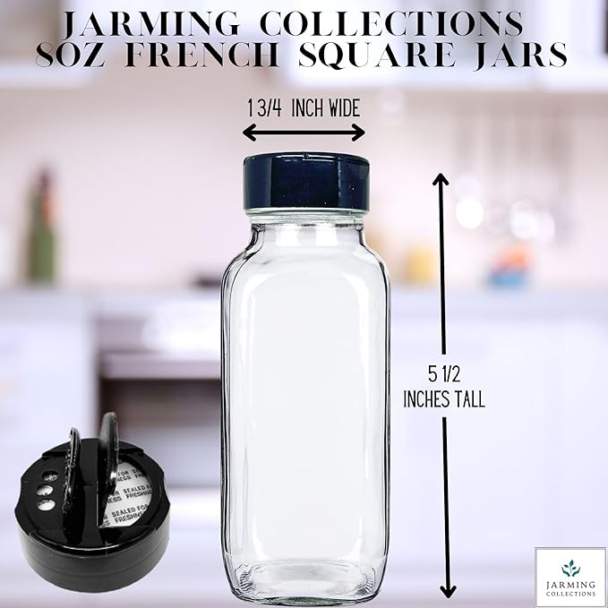JARMING COLLECTIONS Glass Spice Jars with Shaker Lids - Spice Jars 8oz for Food Storage, Spice Containers for Kitchen Organization and Storage, Glass Organizing Bottles (French Square 8oz Blackx3)