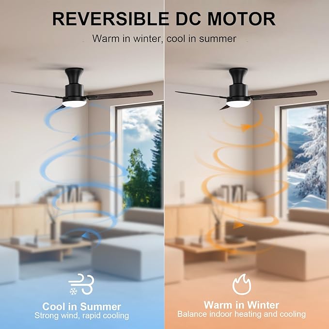 Obabala Ceiling Fans with Lights, 42 inch Flush Mount Ceiling Fan with Light and Remote Control & APP Reversible Dimmable Noiseless Ceiling Fan for Bedroom Indoor/Outdoor