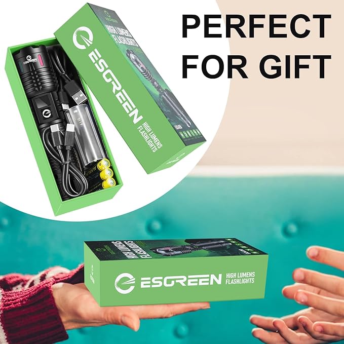 Esgreen Rechargeable Flashlights High Lumens 2000 Single 2 Modes, Super Bright LED Flashlight USB C Long Distance 3280ft, Powerful Long Lasting 10H Heavy Duty Strong Flash Light for Camping Hiking