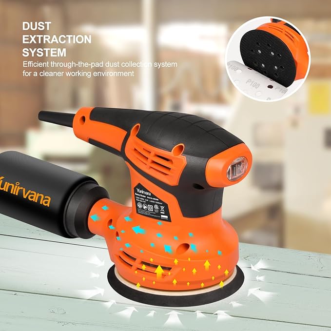 Orbital Sander,2.4Amp 13000 OPM Random-Orbit Sanders 6 Variable Speeds with 15Pcs Sanding Discs 125mm, Electric Sander with Dust Collector for Sanding and Polishing