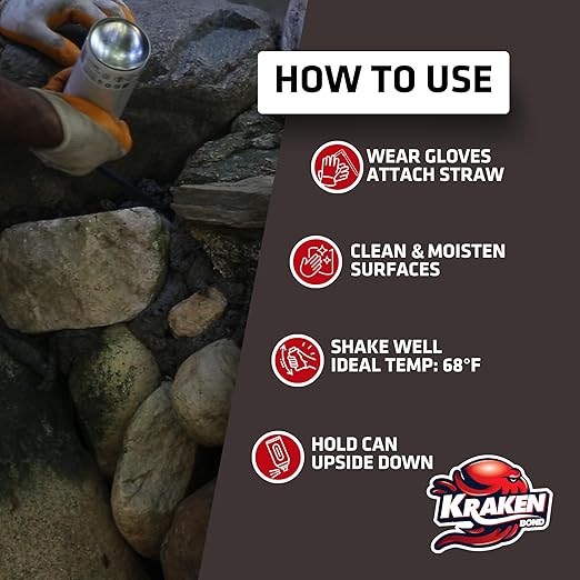 Kraken Bond Black Spray Waterfall Foam Sealant - (24x24oz) Expanding Polyurethane Pond Foam Sealer Black, UV Resistant Insulating Spray for Landscape & Exterior, Gun Use, Gun Included, 24 Pack