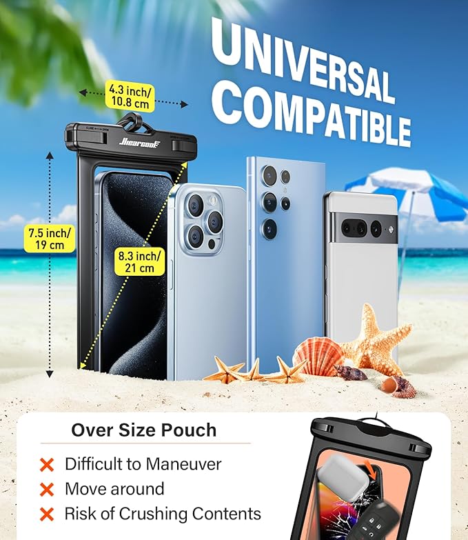 Hiearcool Waterproof Phone Pouch, Universal Case Compatible for iPhone 16 15 14 13 Pro Max Plus Up to 8.3", IPX8 Beach Travel Essentials-Black-2 Pack
