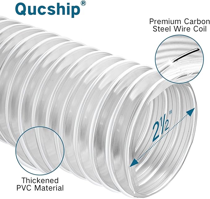 2-1/2" x 5' Heavy-Duty PVC Dust Collection Hose, Puncture-Resistant, Flexible Clear PVC Fume Hose with Carbon Steel Wire Coil for Dust Collection Systems